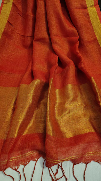 Rust Pure Linen Tissue saree