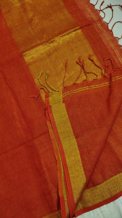 Rust Pure Linen Tissue saree