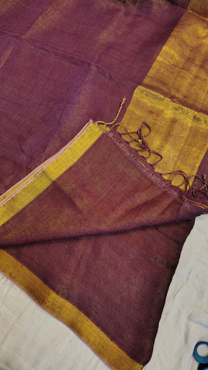 Wine Pure Linen Tissue Saree