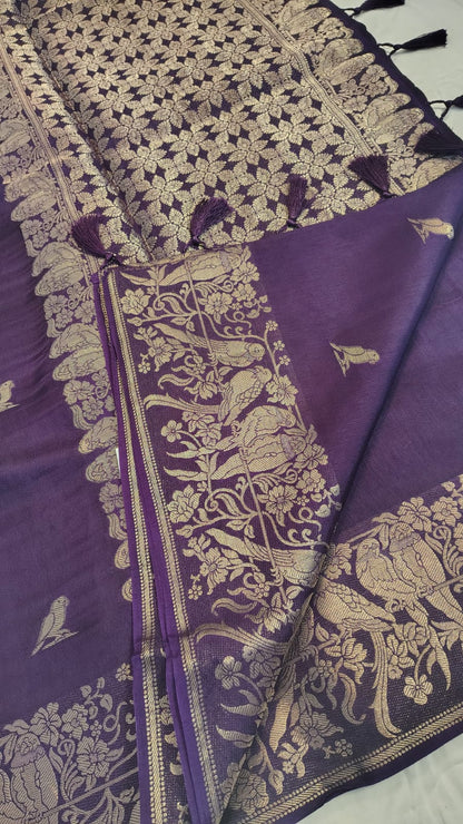 Wine Semi Banarasi silk | bird weave