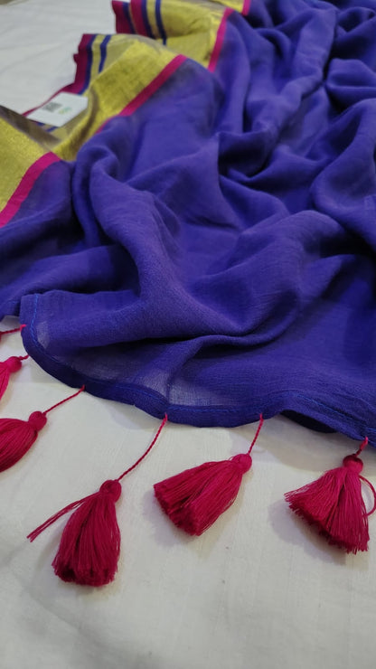 Royal Blue plain zari border Mul cotton Saree