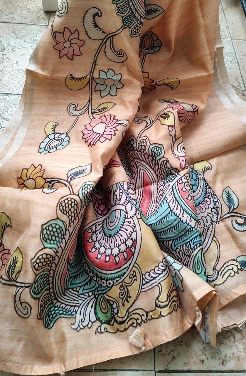 Peach kalamkari applique work Tussar silk saree