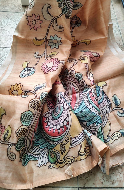Peach kalamkari applique work Tussar silk saree