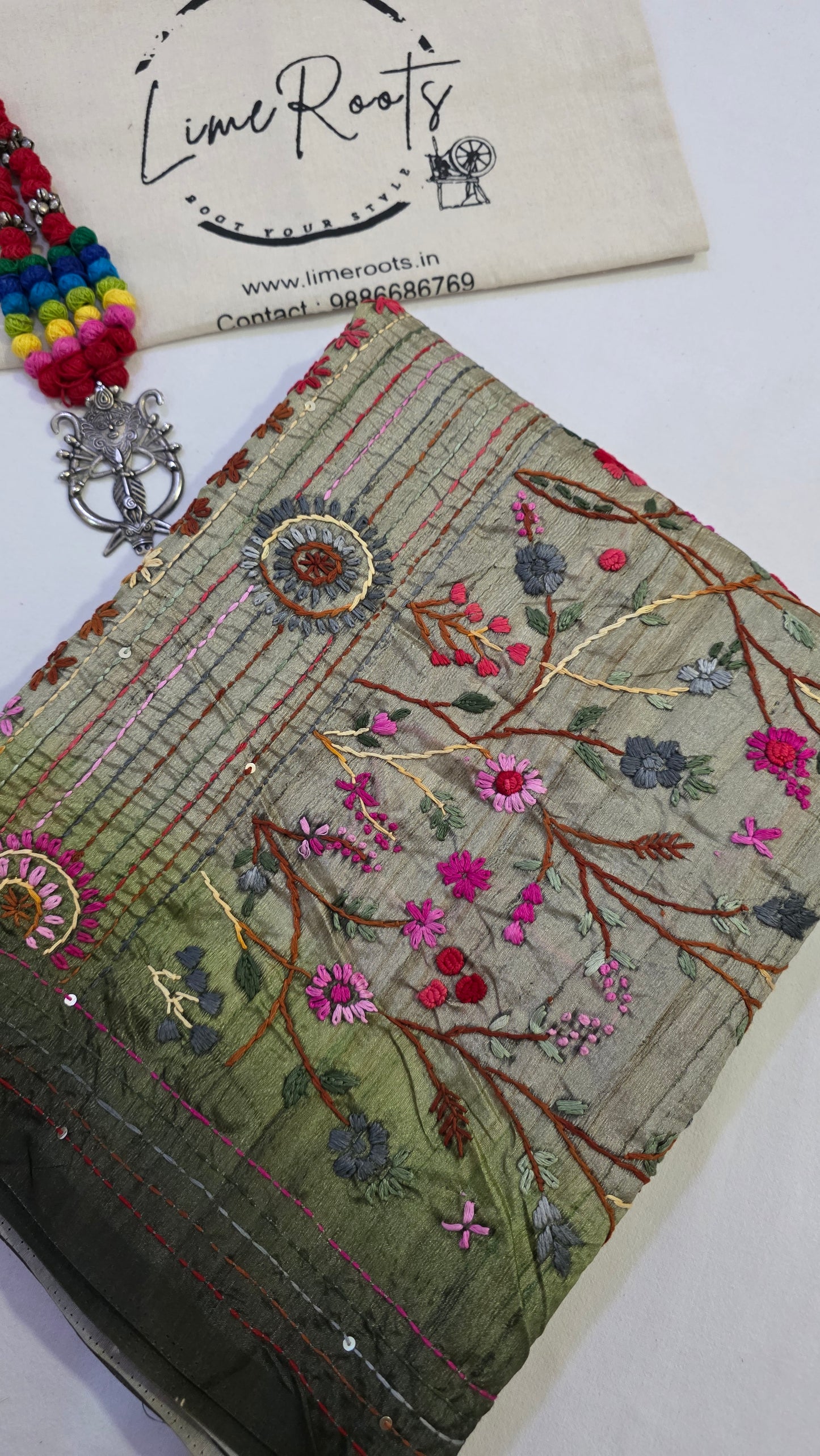 Ombre Green  hand embroidery tussar Silk Saree