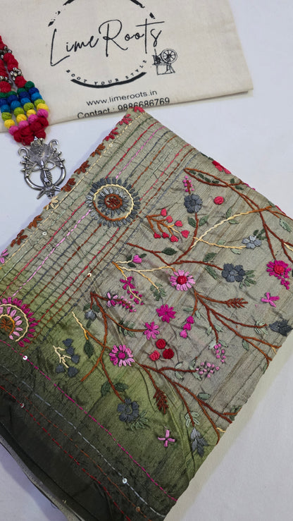Ombre Green  hand embroidery tussar Silk Saree