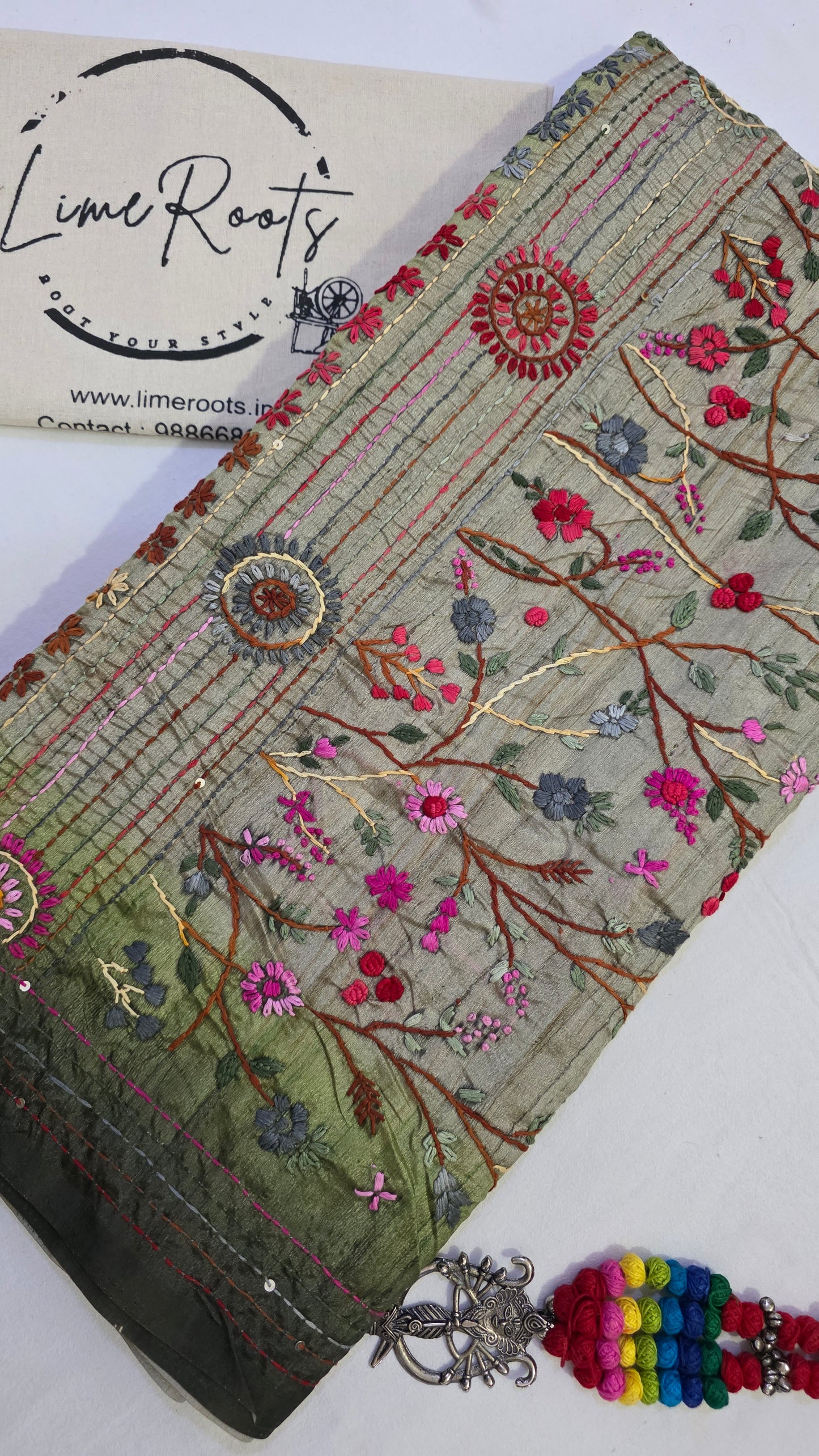 Ombre Green  hand embroidery tussar Silk Saree